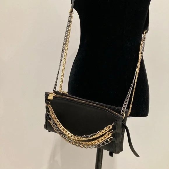 ASH Black Leather Convertible Cross Body Purse Gold Silver Chain - Picture 5 of 14